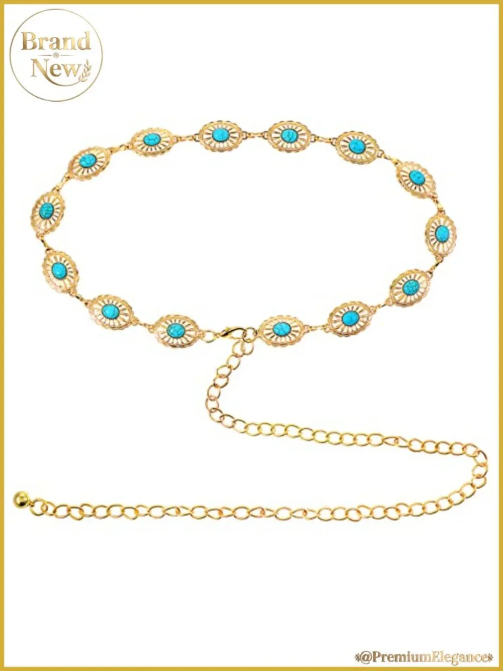 Turquoise Concho Chain Waist Belt Adjustable Metal Western Cowgirl Belt Buckle